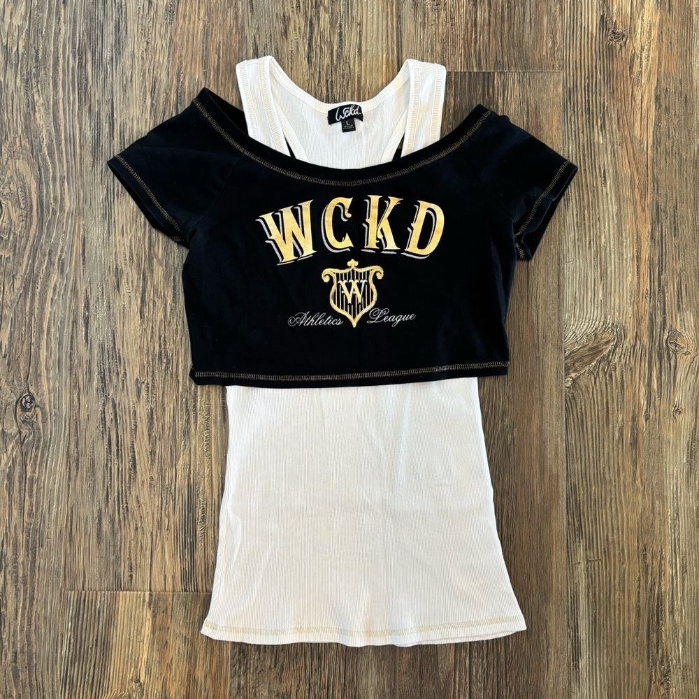 Wckd Athletics League 2-Piece Top Womens L Black Gold Crop Top White Ribbed Tank